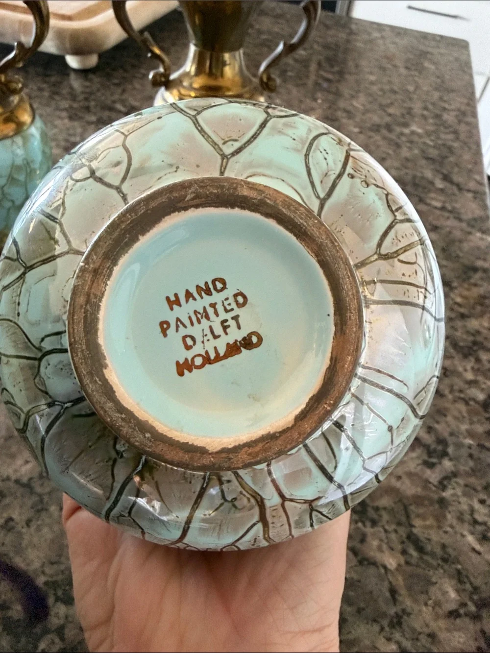 Set of 3 Turquoise Crackle Ceramic and Brass Accent Vases